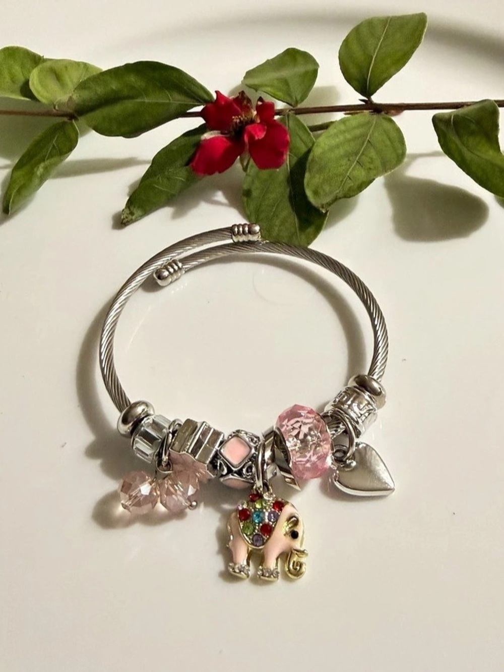 Silver Tone & Pink Charm Bracelet Like New